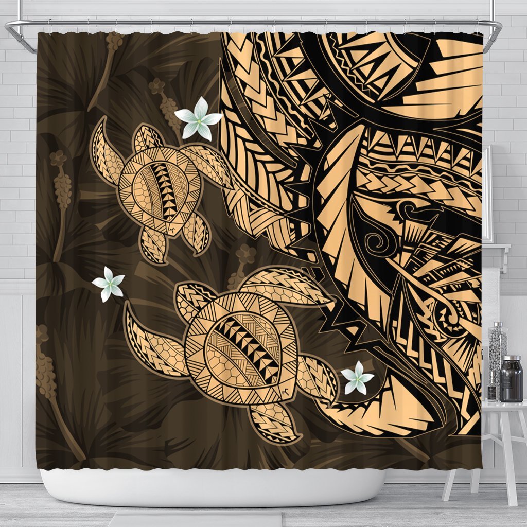 Hawaii Polynesian Turtle Hibiscus Shower Curtain - Gold - AH 177 x 172 (cm) Black - Polynesian Pride