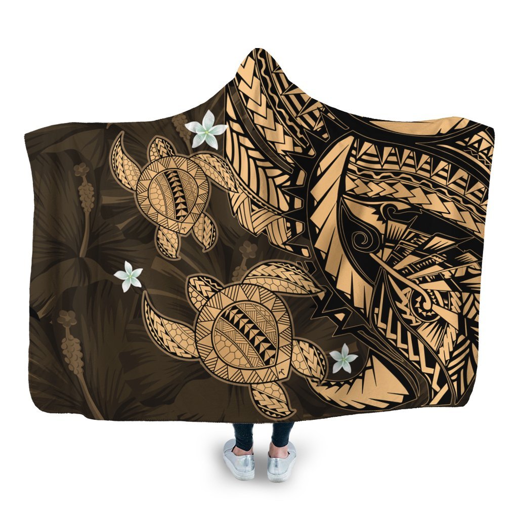 Hawaii Polynesian Turtle Hibiscus Hooded Blanket - Gold - AH Hooded Blanket White - Polynesian Pride