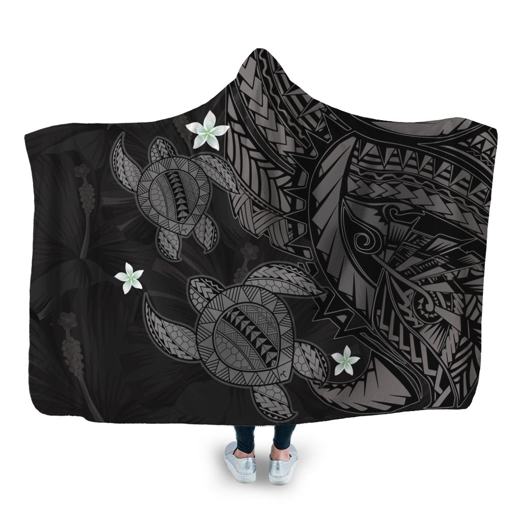 Hawaii Polynesian Turtle Hibiscus Hooded Blanket - Gray - AH Hooded Blanket White - Polynesian Pride