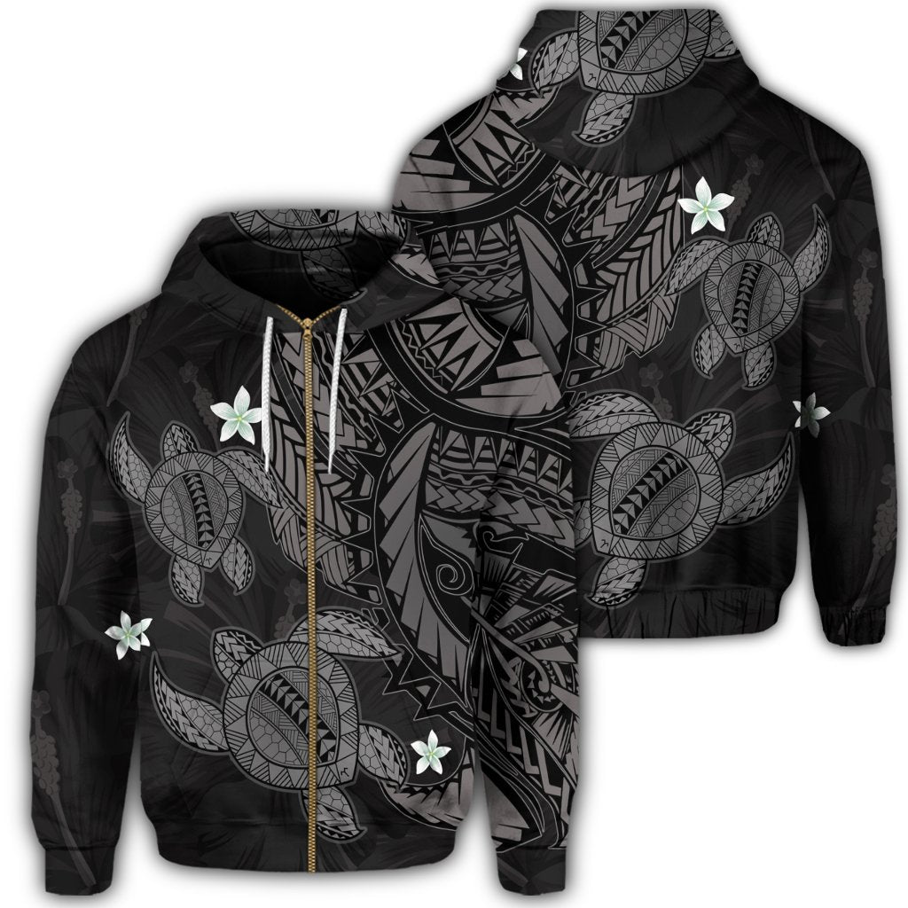 Hawaii Zip Hoodie Polynesian Turtle with Hibiscus Gray Unisex Art - Polynesian Pride