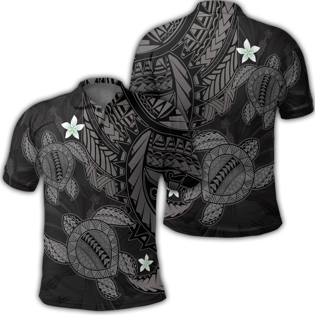 Hawaii Polynesian Turtle Hibiscus Polo Shirt Gray Unisex Black - Polynesian Pride