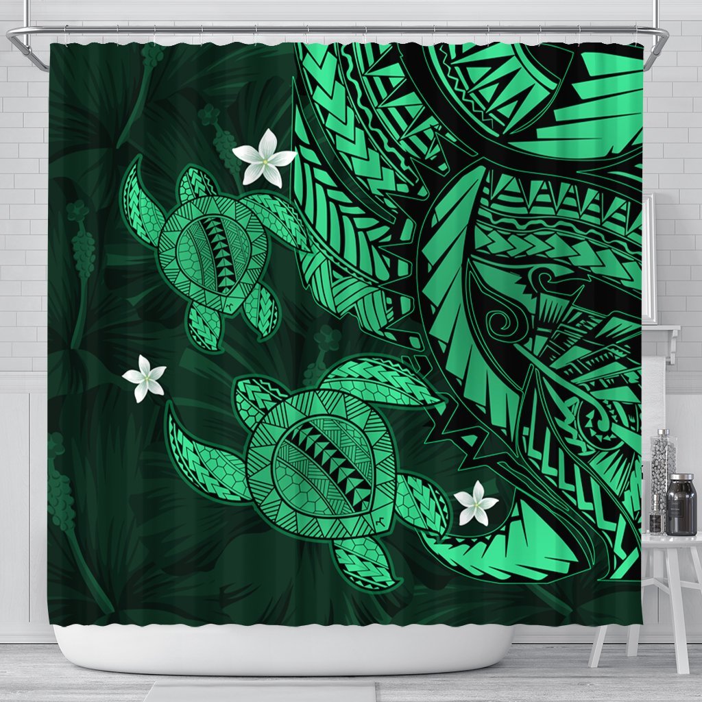 Hawaii Polynesian Turtle Hibiscus Shower Curtain - Green - AH 177 x 172 (cm) Black - Polynesian Pride