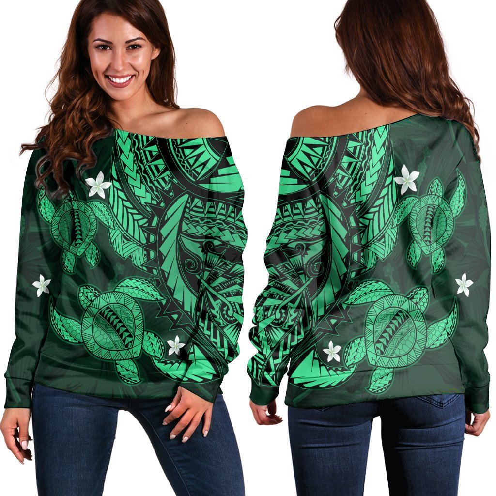 Hawaii Polynesian Turtle Hibiscus Women's Off Shoulder Sweater - Green - AH Black - Polynesian Pride