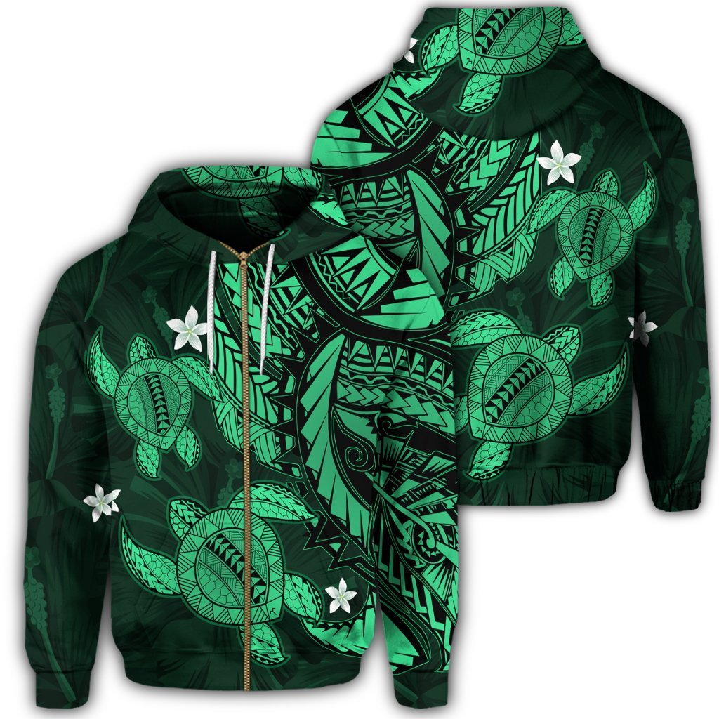 Hawaii Zip Hoodie Polynesian Turtle with Hibiscus Green Unisex Art - Polynesian Pride