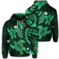 Hawaii Zip Hoodie Polynesian Turtle with Hibiscus Green Unisex Art - Polynesian Pride