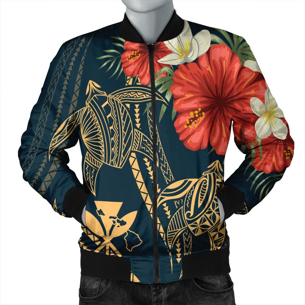 Hawaii Polynesian Turtle Hibiscus Bomber Jacket - Nolan Style - AH Black Unisex - Polynesian Pride