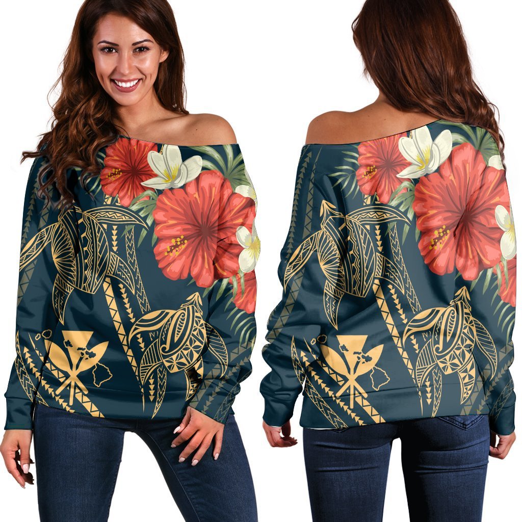 Hawaii Polynesian Turtle Hibiscus Women's Off Shoulder Sweater - Nolan Style - AH Black - Polynesian Pride