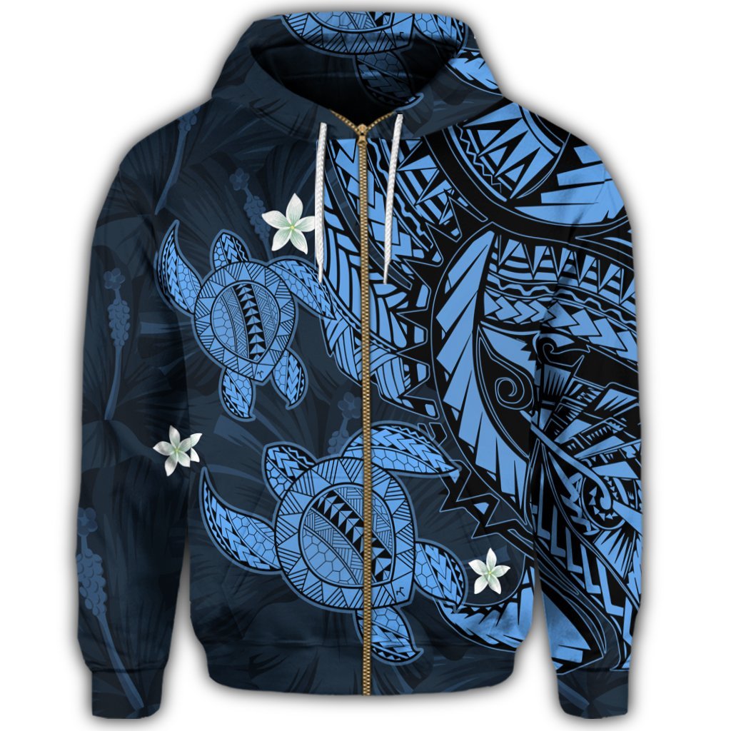 Hawaii Zip Hoodie Polynesian Turtle with Hibiscus Pastel Blue - Polynesian Pride