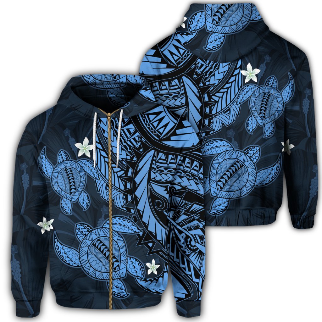 Hawaii Zip Hoodie Polynesian Turtle with Hibiscus Pastel Blue Unisex Art - Polynesian Pride