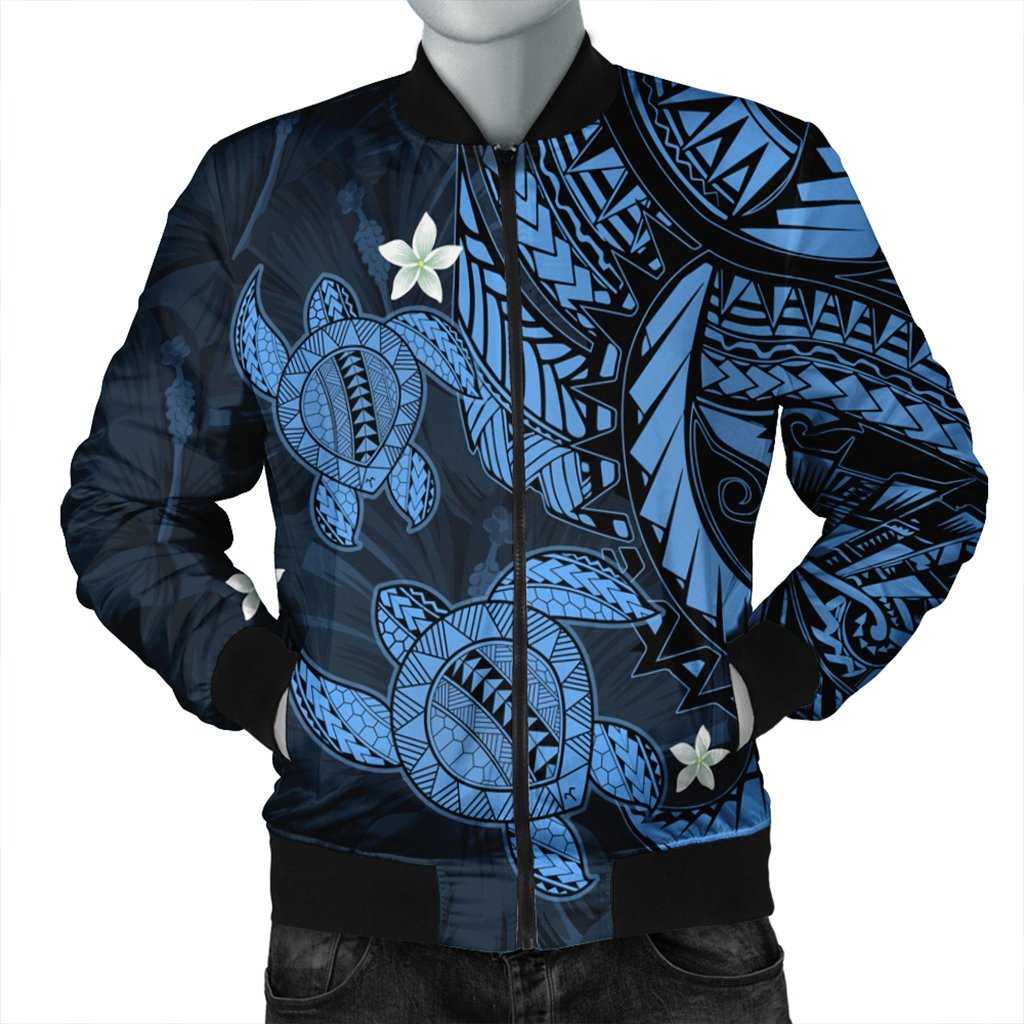 Hawaii Polynesian Turtle Hibiscus Bomber Jacket - Pastel Blue - AH Black Unisex - Polynesian Pride