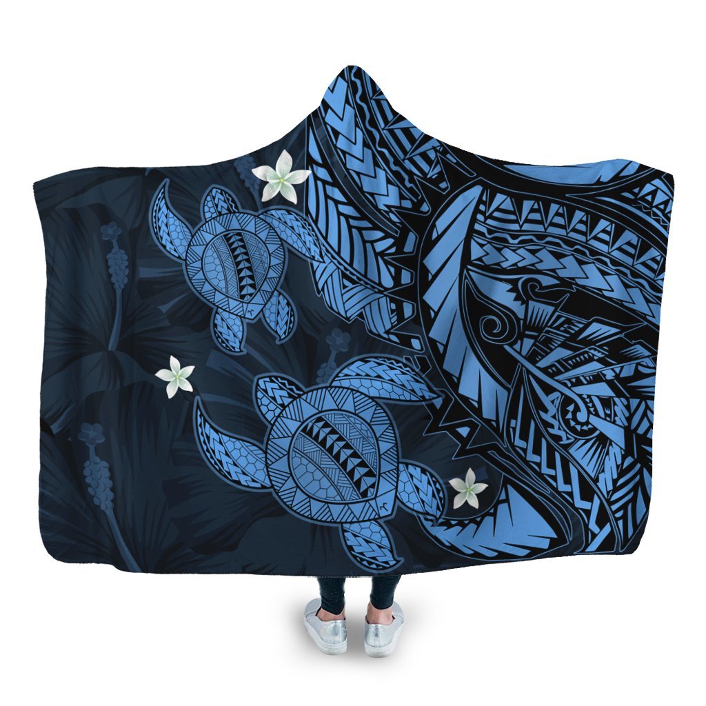 Hawaii Polynesian Turtle Hibiscus Hooded Blanket - Pastel Blue - AH Hooded Blanket White - Polynesian Pride