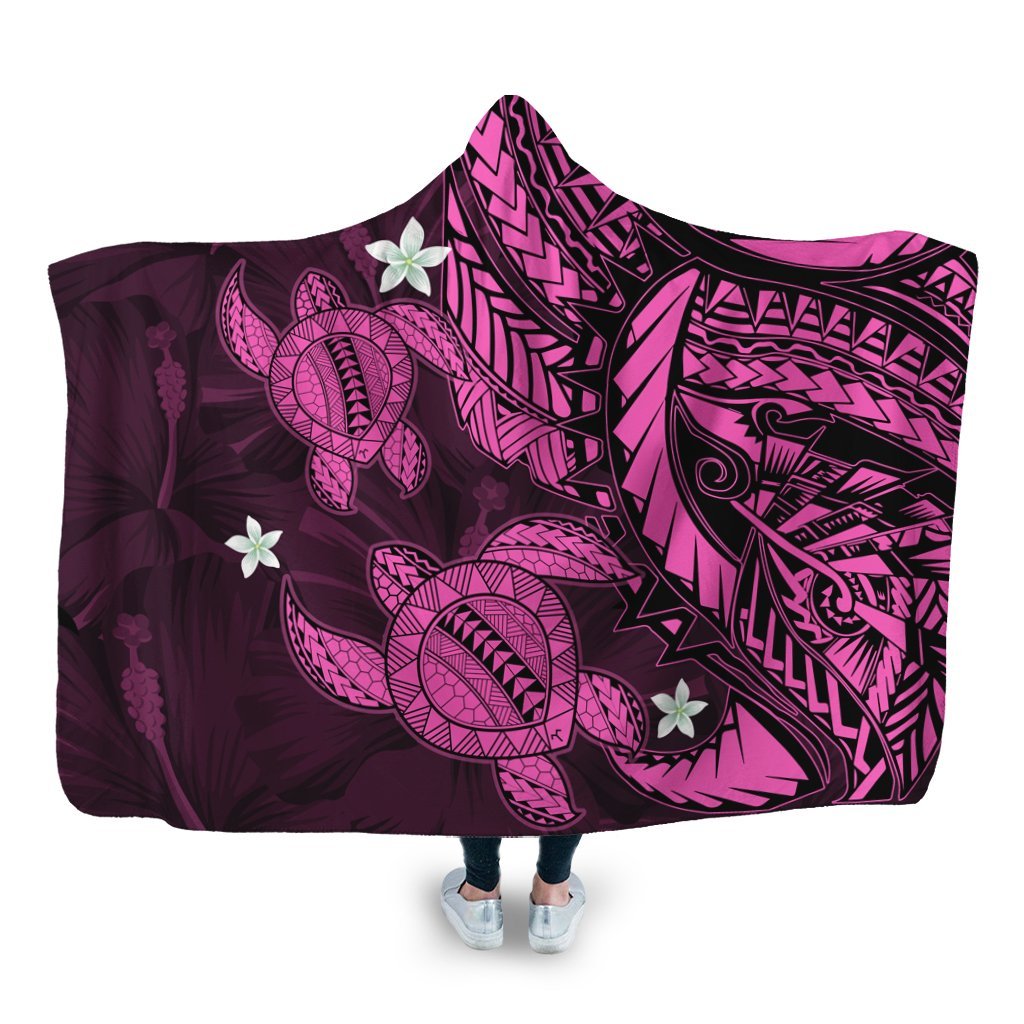 Hawaii Polynesian Turtle Hibiscus Hooded Blanket - Pink - AH Hooded Blanket White - Polynesian Pride