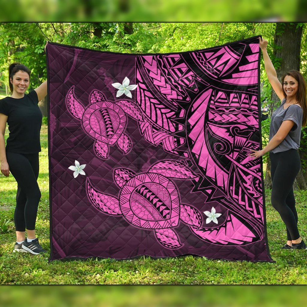 Hawaii Polynesian Turtle Hibiscus Premium Quilts - Pink - AH Black - Polynesian Pride