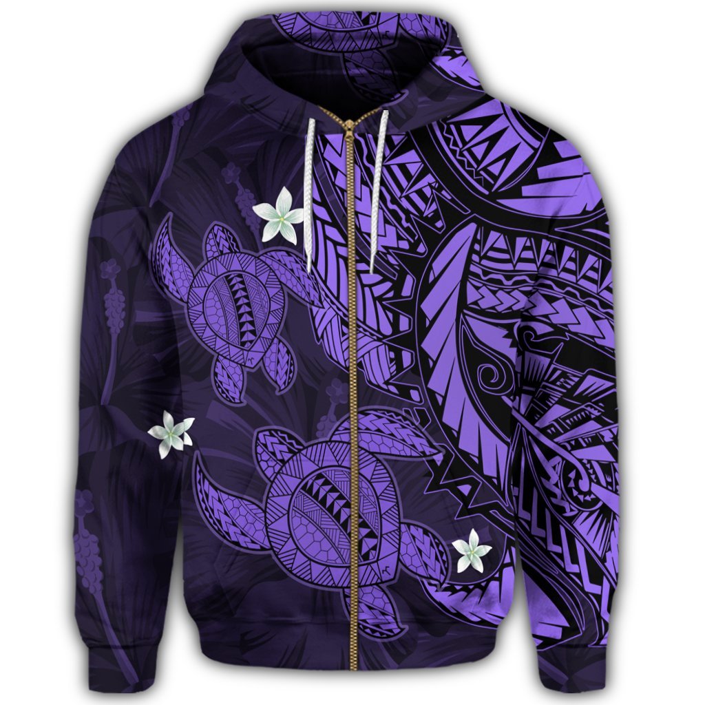 Hawaii Zip Hoodie Polynesian Turtle with Hibiscus Purple - Polynesian Pride
