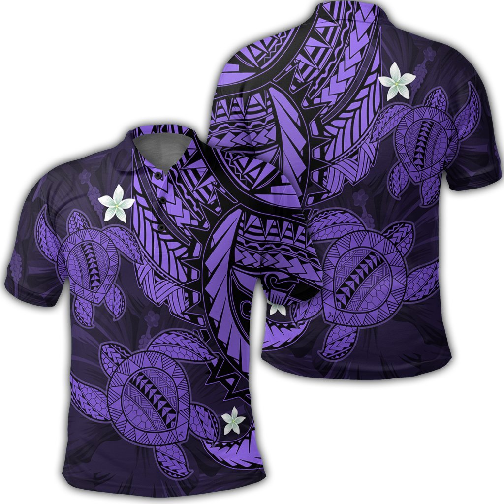 Hawaii Polynesian Turtle Hibiscus Polo Shirt Purple Unisex Black - Polynesian Pride