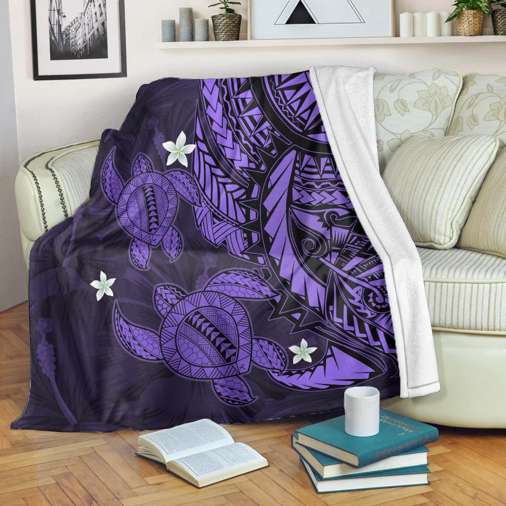 Hawaii Polynesian Turtle Hibiscus Premium Blankets - Purple - AH White - Polynesian Pride