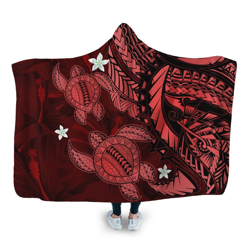 Hawaii Polynesian Turtle Hibiscus Hooded Blanket - Red - AH Hooded Blanket White - Polynesian Pride