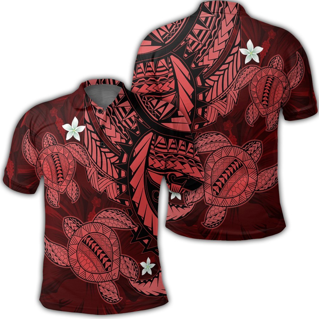 Hawaii Polynesian Turtle Hibiscus Polo Shirt Red Unisex Black - Polynesian Pride