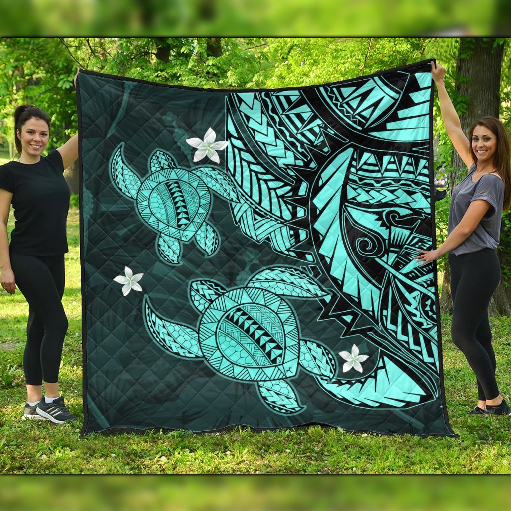 Hawaii Polynesian Turtle Hibiscus Premium Quilts - Turquoise - AH Black - Polynesian Pride