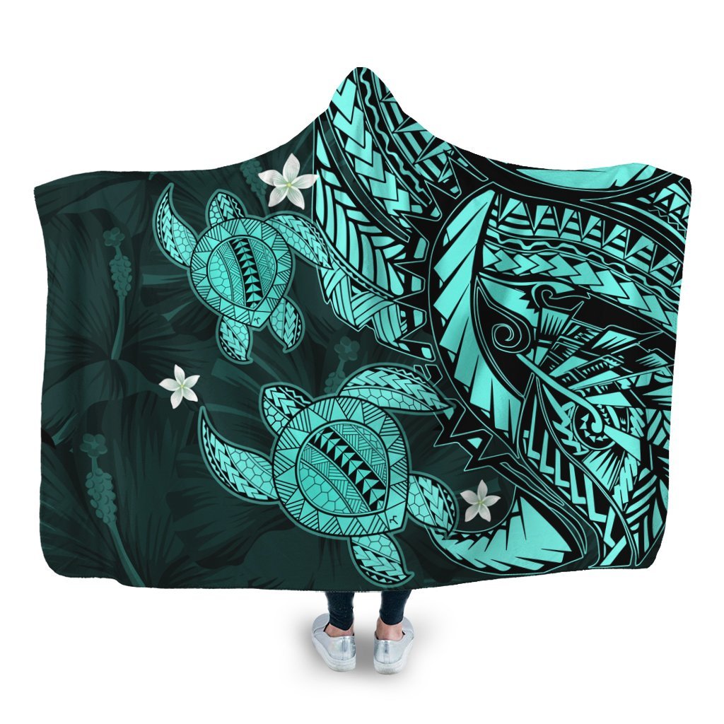 Hawaii Polynesian Turtle Hibiscus Hooded Blanket - Turquoise - AH Hooded Blanket White - Polynesian Pride