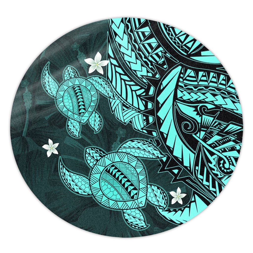 Hawaii Polynesian Turtle Hibiscus Round Carpet - Turquoise - AH Round Carpet Luxurious Plush - Polynesian Pride