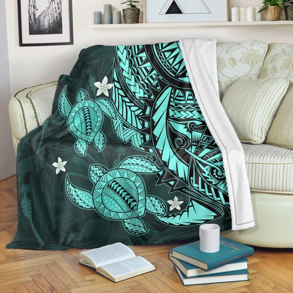 Hawaii Polynesian Turtle Hibiscus Premium Blankets - Turquoise - AH White - Polynesian Pride