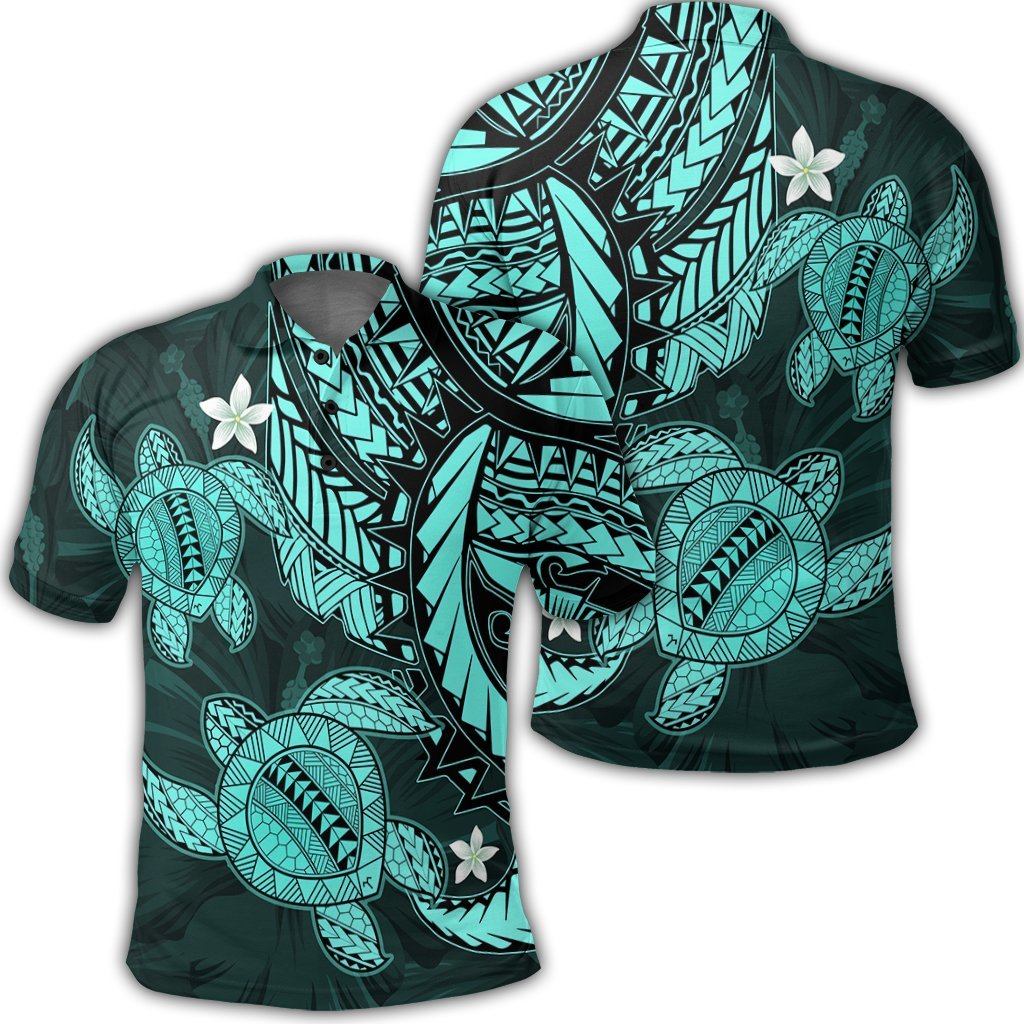 Hawaii Polynesian Turtle Hibiscus Polo Shirt Turquoise Unisex Black - Polynesian Pride