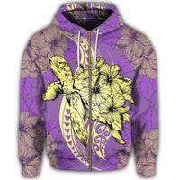 Hawaii Zip Hoodie Polynesian Turtle with Hibiscus Yellow - Polynesian Pride