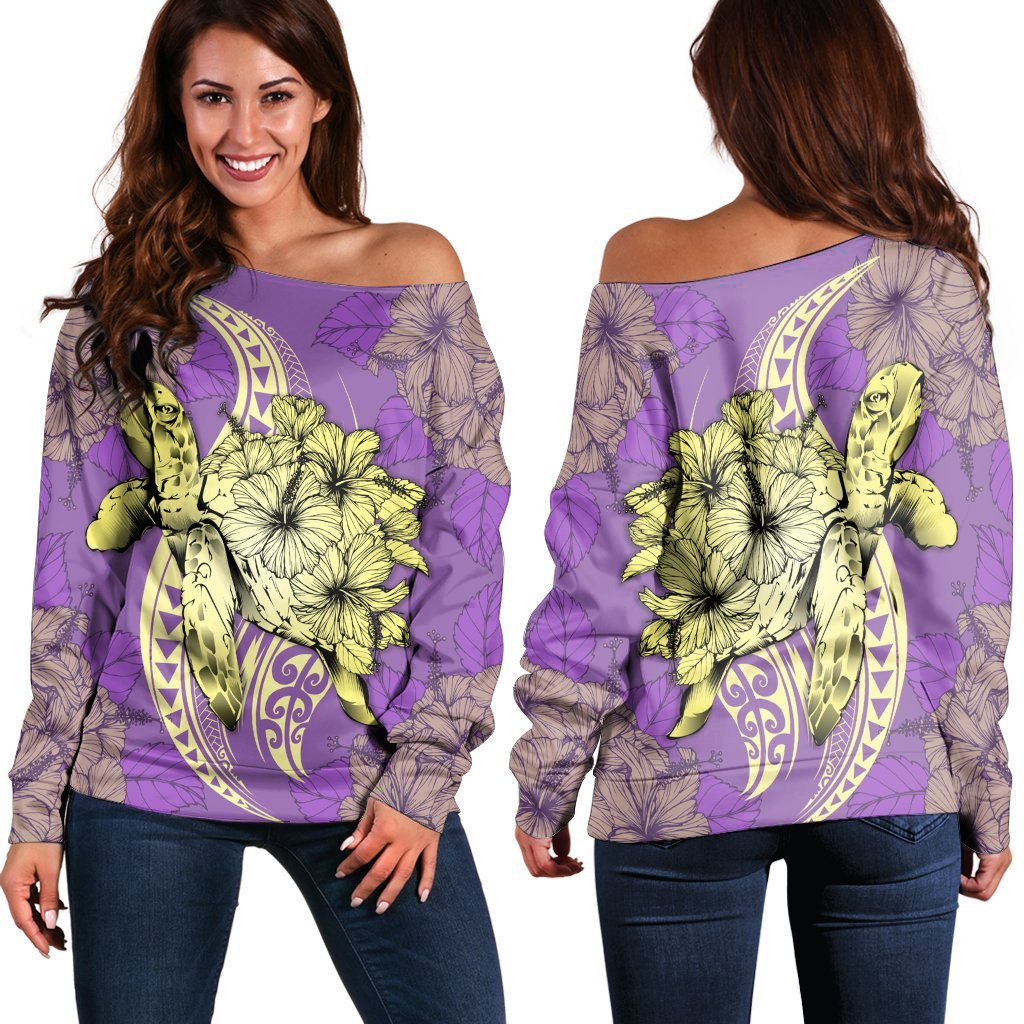 Hawaii Polynesian Turtle Hibiscus Women's Off Shoulder Sweater - Yellow - AH Black - Polynesian Pride