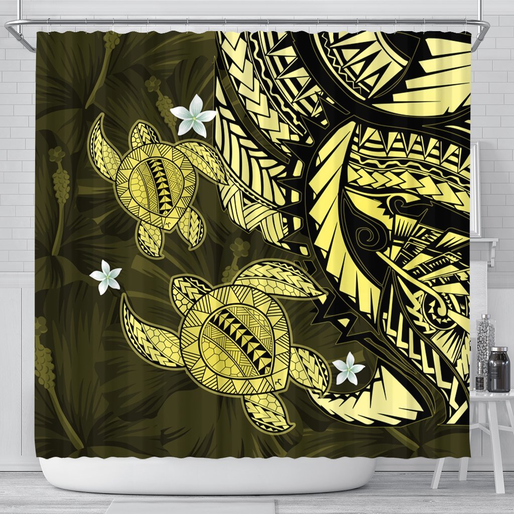 Hawaii Polynesian Turtle Hibiscus Shower Curtain - Yelow - AH 177 x 172 (cm) Black - Polynesian Pride