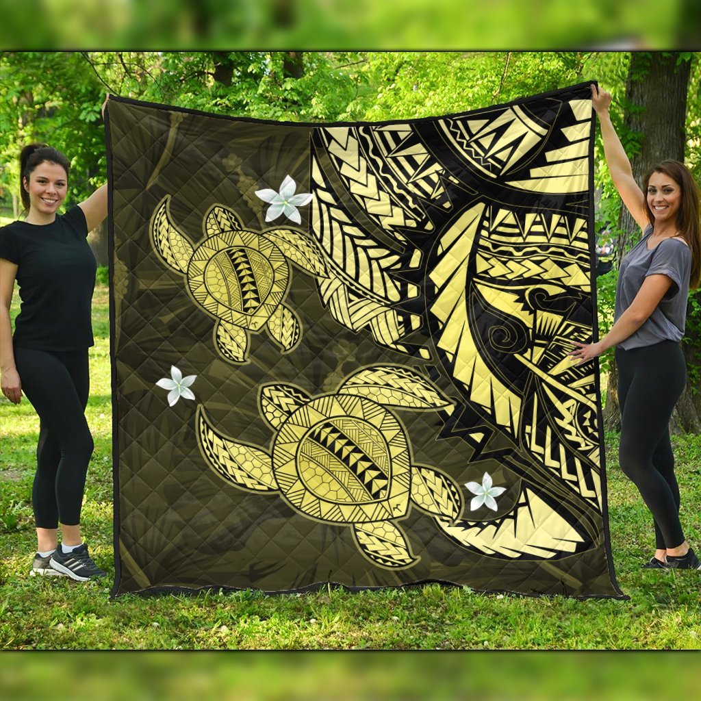 Hawaii Polynesian Turtle Hibiscus Premium Quilts - Yelow - AH Black - Polynesian Pride