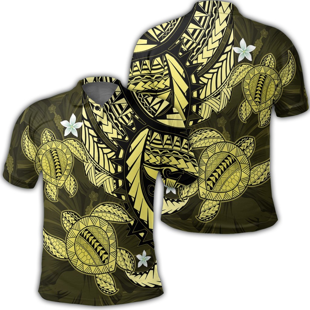 Hawaii Polynesian Turtle Hibiscus Polo Shirt Yelow AH Unisex Black - Polynesian Pride