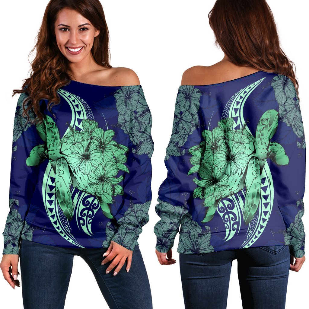 Hawaii Polynesian Turtle Hibiscus Women's Off Shoulder Sweater1 - AH Black - Polynesian Pride