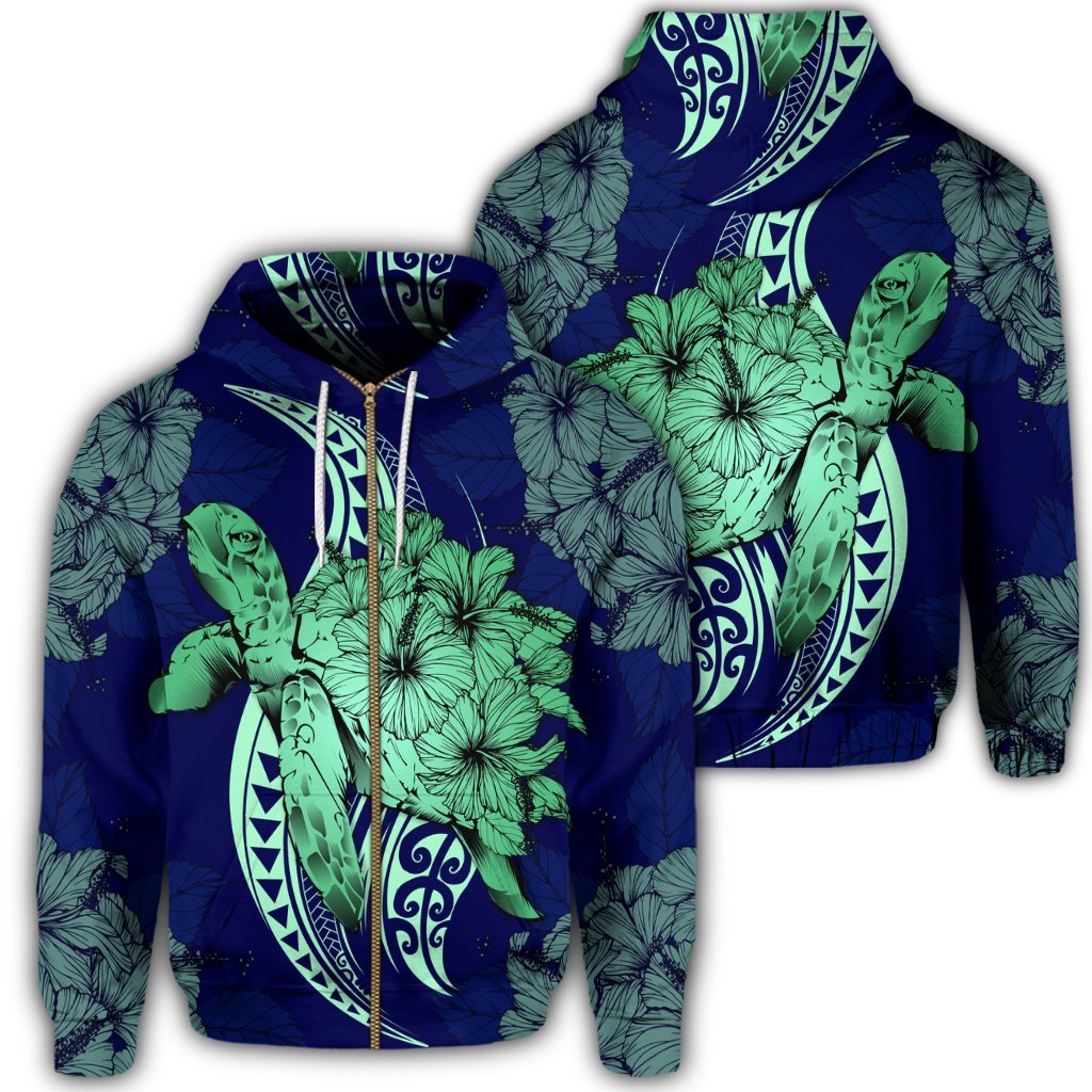 Hawaii Zip Hoodie Polynesian Turtle with Hibiscus Unisex Art - Polynesian Pride