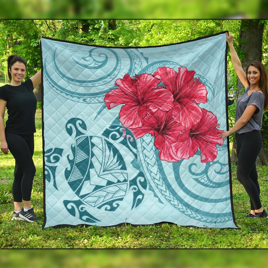 Hawaii Polynesian Turtle Hibiscus Blue Premium Quilts - Bless Style - AH Black - Polynesian Pride