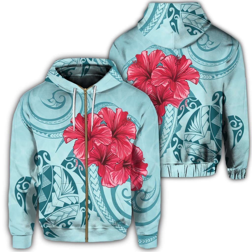Hawaii Zip Hoodie Polynesian Turtle with Hibiscus Blue Bless Style Unisex Art - Polynesian Pride