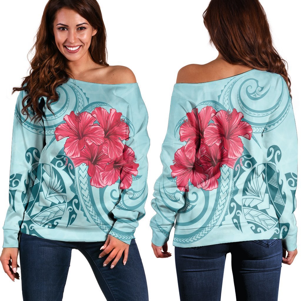 Hawaii Polynesian Turtle Hibiscus Blue Women's Off Shoulder Sweater - Bless Style - AH Black - Polynesian Pride