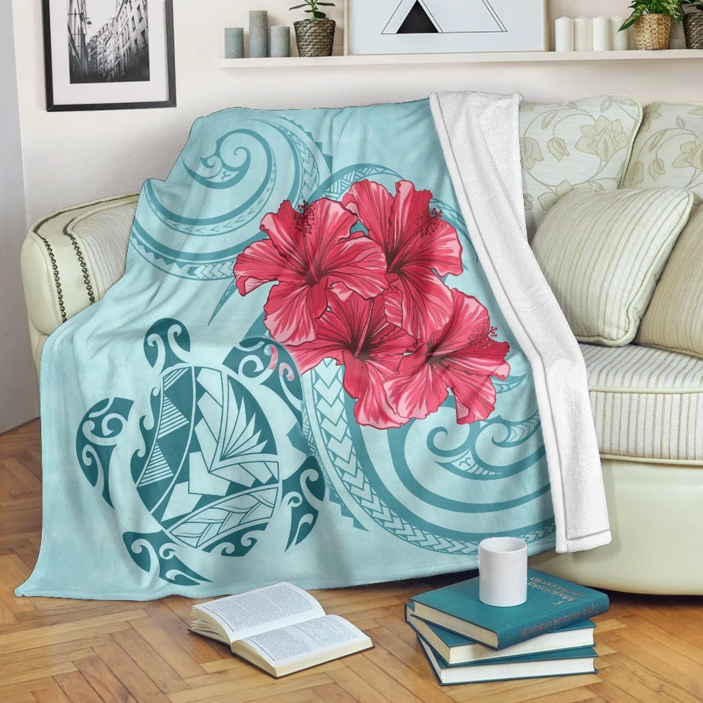 Hawaii Polynesian Turtle Hibiscus Blue Premium Blankets - Bless Style - AH White - Polynesian Pride