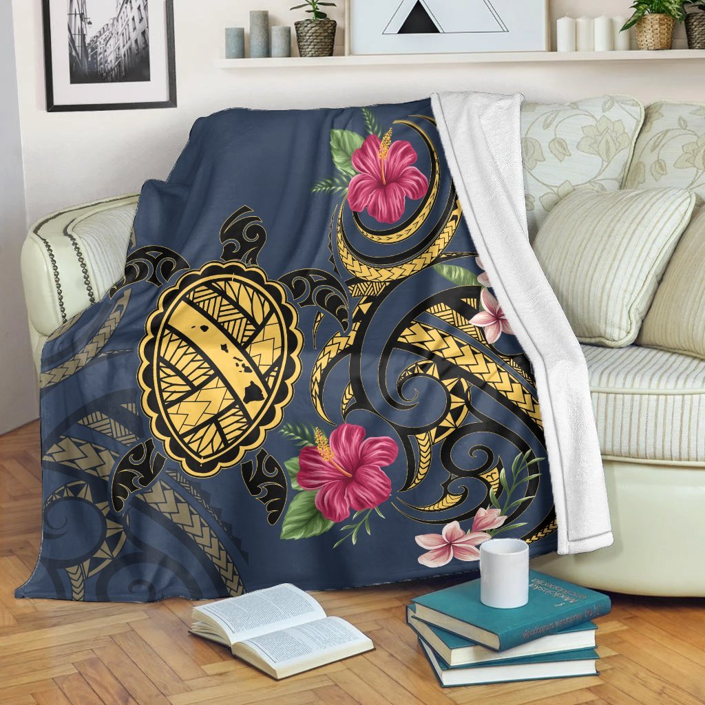 Hawaii Polynesian Turtle Hibiscus Plumeria Premium Blankets - Nane Style - AH White - Polynesian Pride