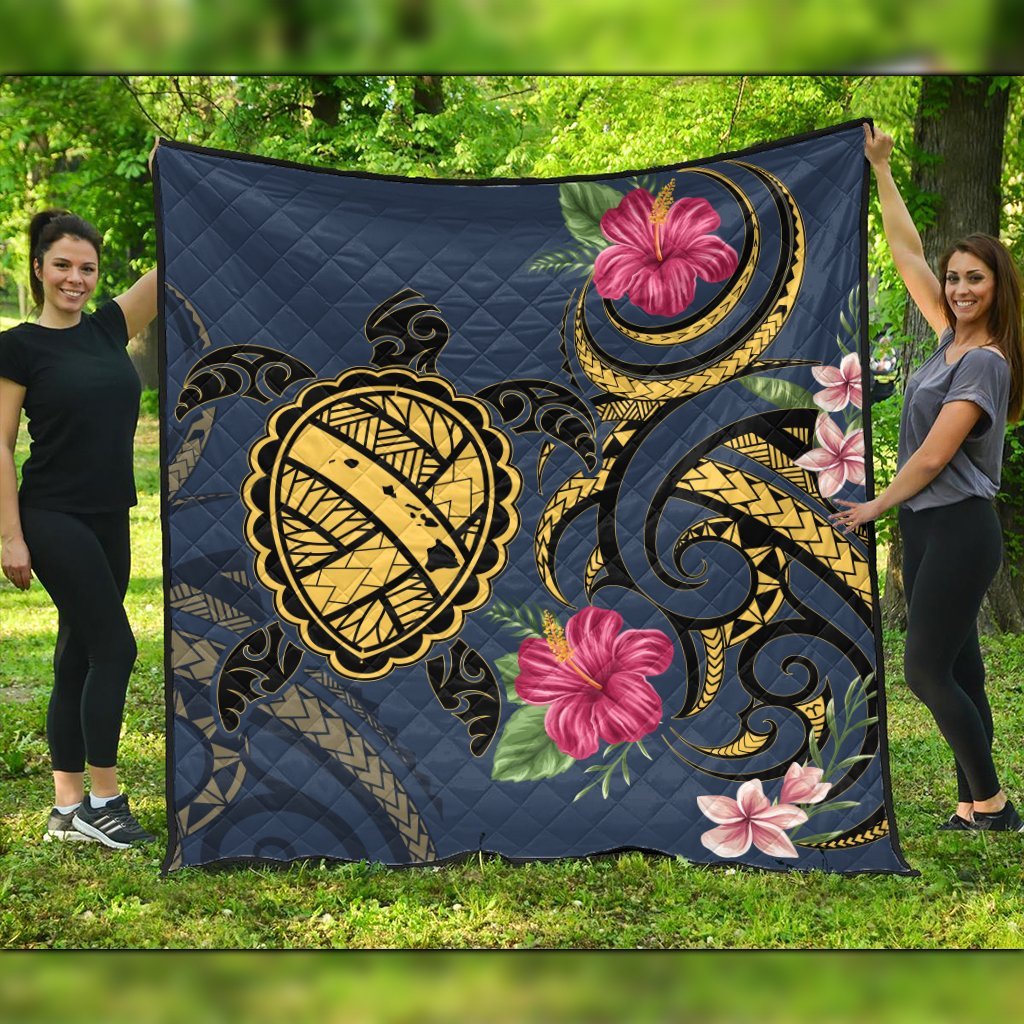 Hawaii Polynesian Turtle Hibiscus Plumeria Premium Quilts - Nane Style - AH Black - Polynesian Pride