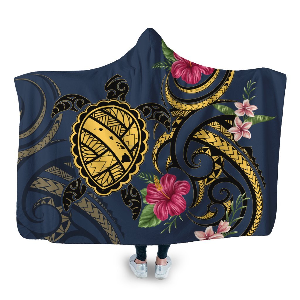 Hawaii Polynesian Turtle Hibiscus Plumeria Hooded Blanket - Nane Style - AH Hooded Blanket White - Polynesian Pride