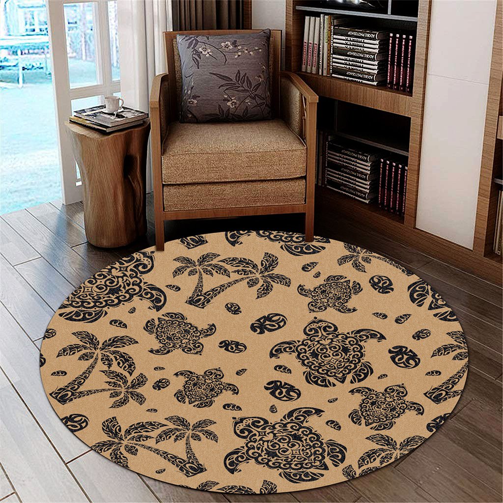 Hawaii Polynesian Turtle Palm And Sea Pebbles Gold Round Carpet - AH Round Carpet Luxurious Plush - Polynesian Pride