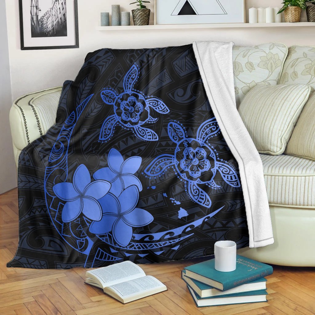 Hawaii Polynesian Turtle Plumeria Premium Blankets - Pog Style Blue - AH White - Polynesian Pride