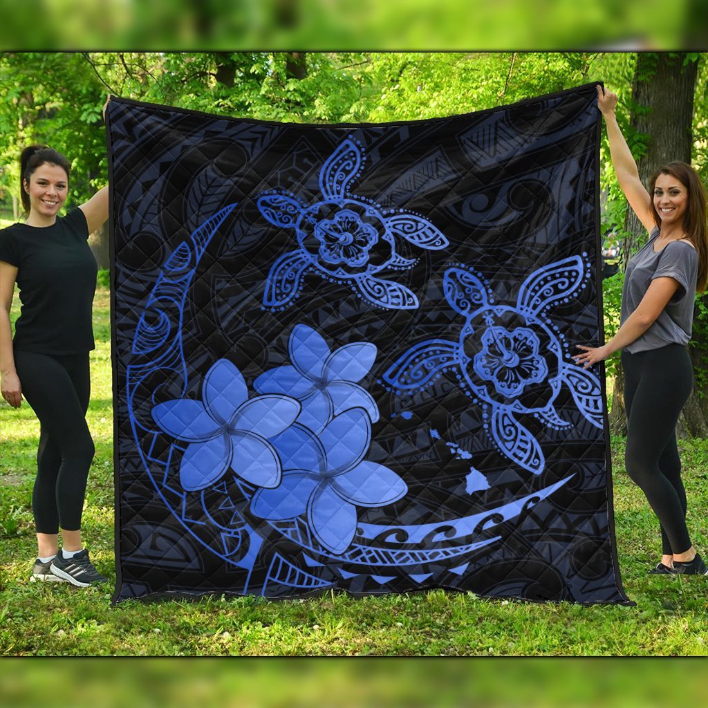 Hawaii Polynesian Turtle Plumeria Premium Quilts - Pog Style Blue - AH Black - Polynesian Pride