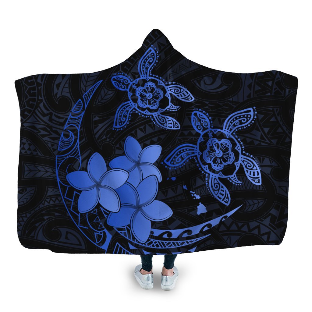 Hawaii Polynesian Turtle Plumeria Hooded Blanket - Pog Style Blue - AH Hooded Blanket White - Polynesian Pride