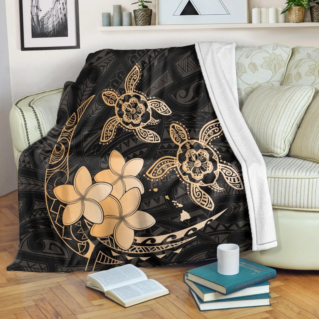 Hawaii Polynesian Turtle Plumeria Premium Blankets - Pog Style Gold - AH White - Polynesian Pride