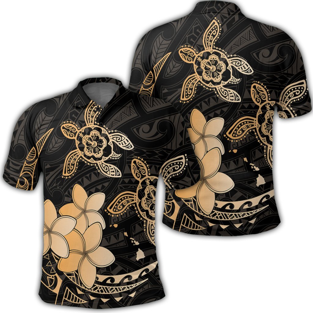 Hawaii Polynesian Turtle Plumeria Polo Shirt Pog Style Gold Unisex Black - Polynesian Pride