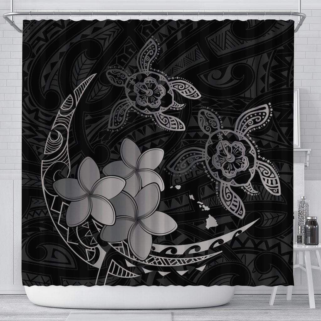 Hawaii Polynesian Turtle Plumeria Shower Curtain - Pog Style Gray - AH 177 x 172 (cm) Black - Polynesian Pride