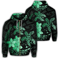 Hawaii Zip Hoodie Polynesian Turtle with Plumeria Pog Style Green Unisex Art - Polynesian Pride