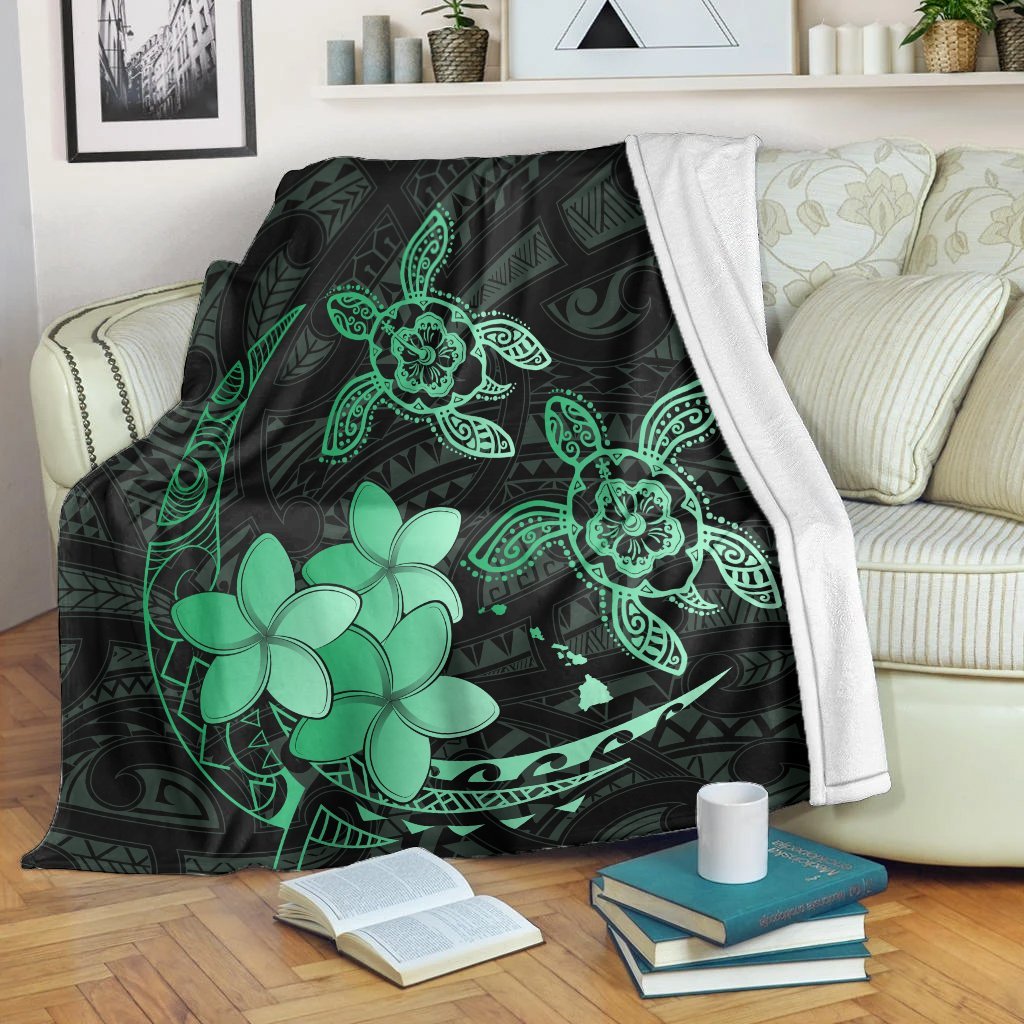 Hawaii Polynesian Turtle Plumeria Premium Blankets - Pog Style Green - AH White - Polynesian Pride